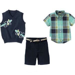 NWT Gymboree East Coast Harbor Plane V-Neck Sweater, Plaid Shirt, Belted Shorts